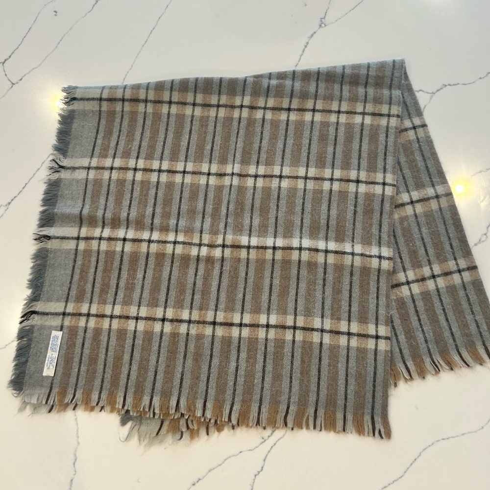 Plaid Gray & Tan Fringe Scarf 48” x 48”